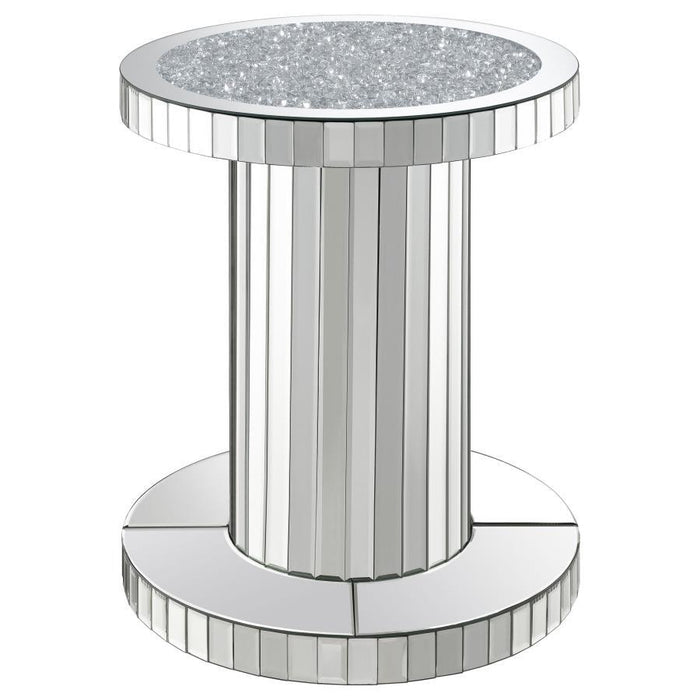 Dorielle - Round Mirrored Acrylic Crystal Side Table - Silver – Side Tables by CoasterElevations at Furniture Wholesale Plus , Nashville furniture store