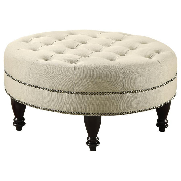 Elchin - Round Upholstered Tufted Ottoman - Oatmeal – Upholstered Ottomans by CoasterEssence at Furniture Wholesale Plus , Nashville furniture store