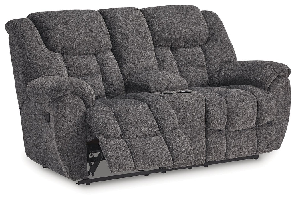 Foreside - Dbl Reclining Loveseat with Console - Charcoal – Reclining Loveseats by Signature Design by Ashley® at Furniture Wholesale Plus , Nashville furniture store