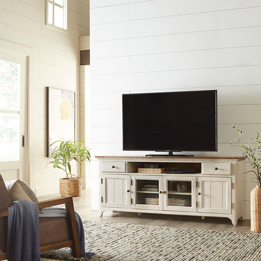 Farmhouse Reimagined - Entertainment 72" TV Stand - Antique White / Chestnut Tops – TV Stands by Liberty Furniture at Furniture Wholesale Plus , Nashville furniture store