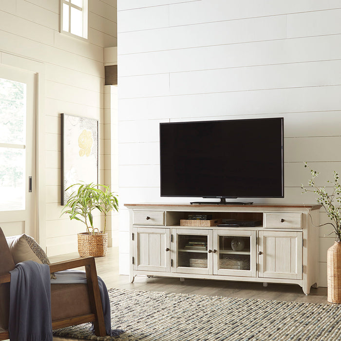 Farmhouse Reimagined - Entertainment 72" TV Stand - Antique White / Chestnut Tops – TV Stands by Liberty Furniture at Furniture Wholesale Plus , Nashville furniture store