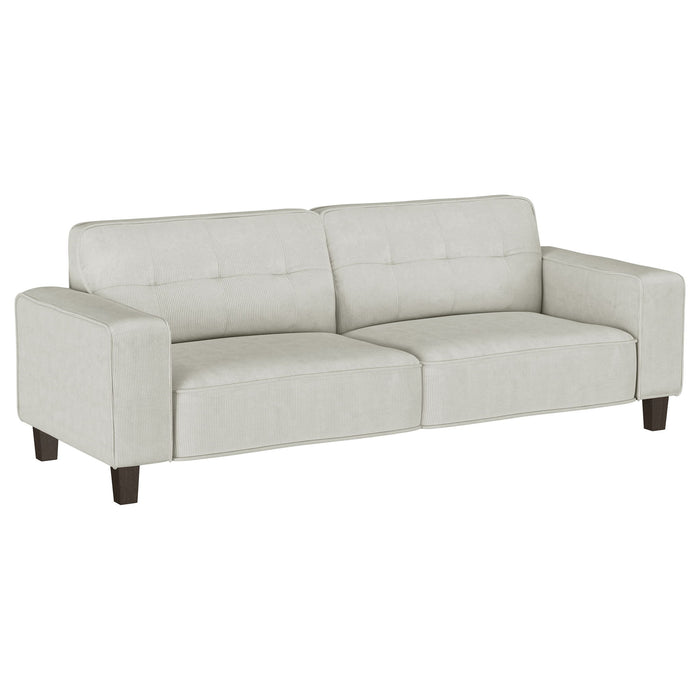 Deerhurst - Upholstered Track Arm Tufted Sofa - Greige – Stationary Sofas by Coaster Fine Furniture at Furniture Wholesale Plus , Nashville furniture store