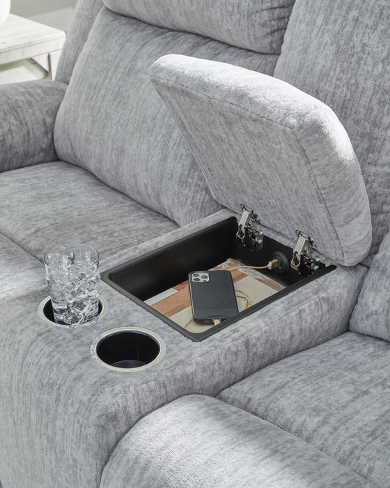 Buntington - Dbl Reclining Loveseat with Console - Pewter – Reclining Loveseats by Benchcraft® at Furniture Wholesale Plus , Nashville furniture store