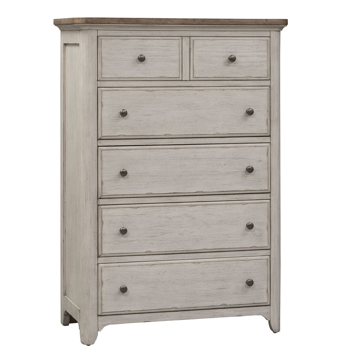 Farmhouse Reimagined - 5 Drawer Chest - Antique White / Chestnut Tops – Accent Chests by Liberty Furniture at Furniture Wholesale Plus , Nashville furniture store
