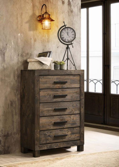 Woodmont - 5-Drawer Bedroom Chest - Rustic Golden Brown – Accent Chests by CoasterEveryday at Furniture Wholesale Plus , Nashville furniture store