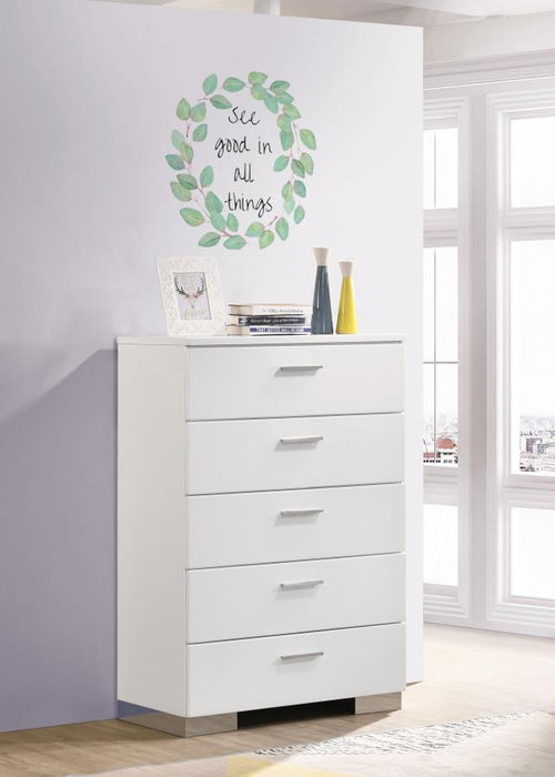 Felicity - 5-Drawer Bedroom Chest - White High Gloss – Accent Chests by CoasterEssence at Furniture Wholesale Plus , Nashville furniture store
