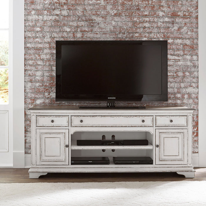 Magnolia Manor - Entertainment TV Stand - Antique White – TV Stands by Liberty Furniture at Furniture Wholesale Plus , Nashville furniture store