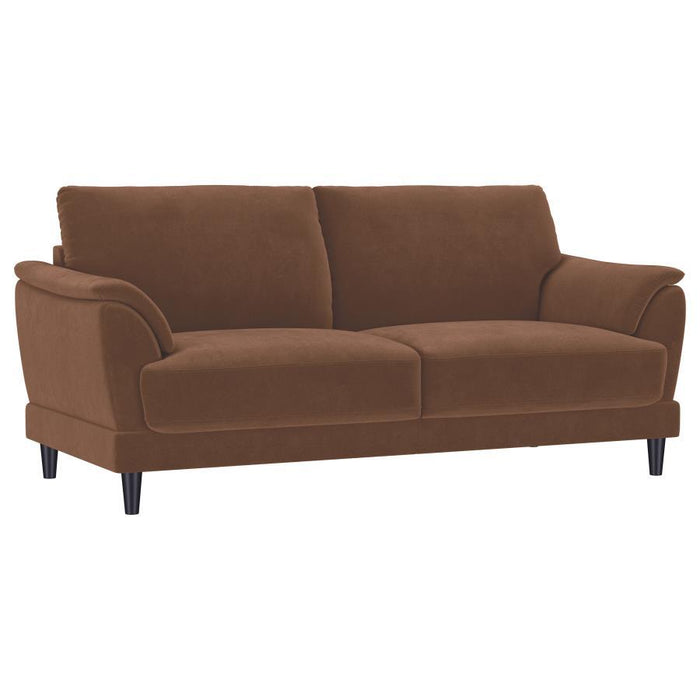 Selma - Velvet Upholstered Crescent Arm Sofa - Rust – Stationary Sofas by Coaster Fine Furniture at Furniture Wholesale Plus , Nashville furniture store
