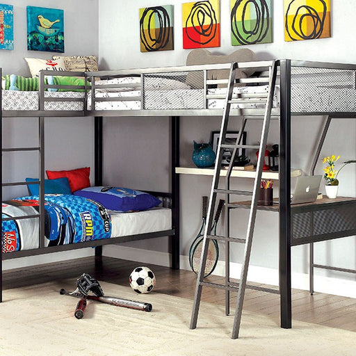 BALLARAT Silver Triple Twin Bunk Bed w/ Desk - Premium Loft Bed from FOA East - Just $778.05! Shop now at Furniture Wholesale Plus  We are the best furniture store in Nashville, Hendersonville, Goodlettsville, Madison, Antioch, Mount Juliet, Lebanon, Gallatin, Springfield, Murfreesboro, Franklin, Brentwood