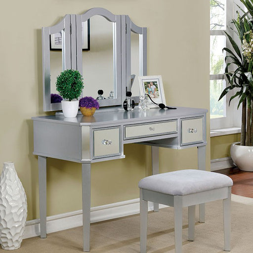 CLARISSE Silver Vanity w/ Stool - Premium Vanity from FOA East - Just $349.05! Shop now at Furniture Wholesale Plus  We are the best furniture store in Nashville, Hendersonville, Goodlettsville, Madison, Antioch, Mount Juliet, Lebanon, Gallatin, Springfield, Murfreesboro, Franklin, Brentwood