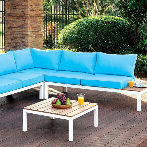 WINONA White/Oak/Blue Patio Sectional w/ Table - Premium Outdoor Seating from FOA East - Just $1480.05! Shop now at Furniture Wholesale Plus  We are the best furniture store in Nashville, Hendersonville, Goodlettsville, Madison, Antioch, Mount Juliet, Lebanon, Gallatin, Springfield, Murfreesboro, Franklin, Brentwood