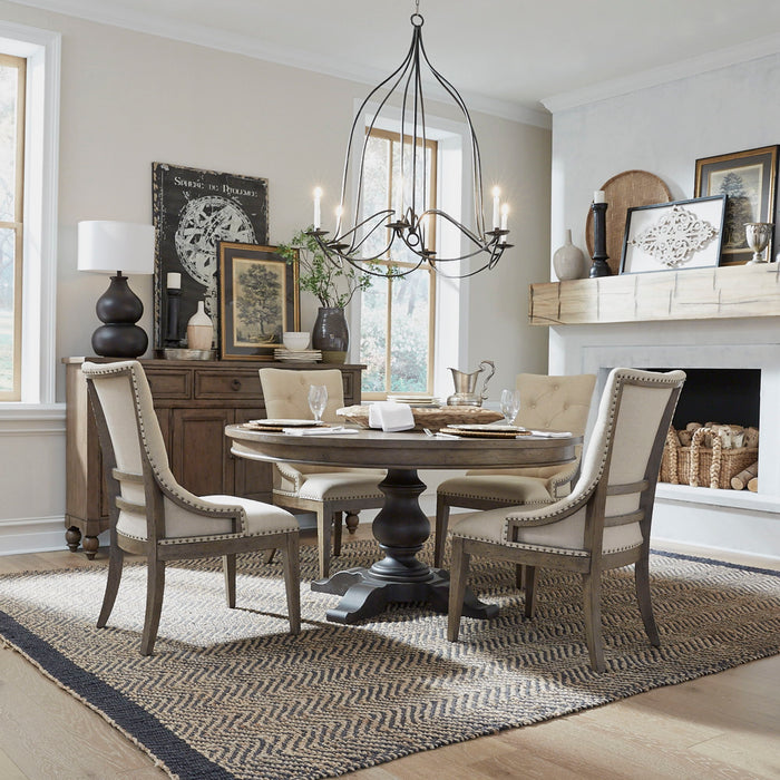 Americana Farmhouse - 5 Piece Pedestal Table Set (Upholstered Shelter Side Chairs) - Dusty Taupe – 5 Piece Dining Room Sets by Liberty Furniture at Furniture Wholesale Plus , Nashville furniture store