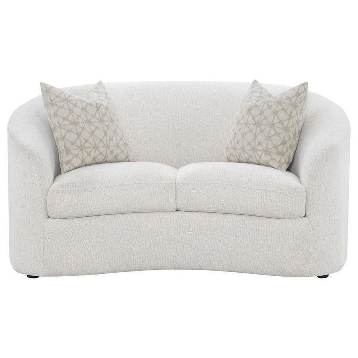 Rainn - Boucle Upholstered Sloped Arm Loveseat - Latte – Stationary Loveseats by CoasterEssence at Furniture Wholesale Plus , Nashville furniture store