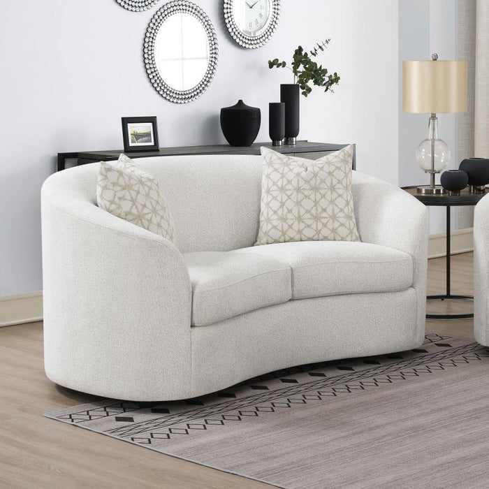 Rainn - Boucle Upholstered Sloped Arm Loveseat - Latte – Stationary Loveseats by CoasterEssence at Furniture Wholesale Plus , Nashville furniture store