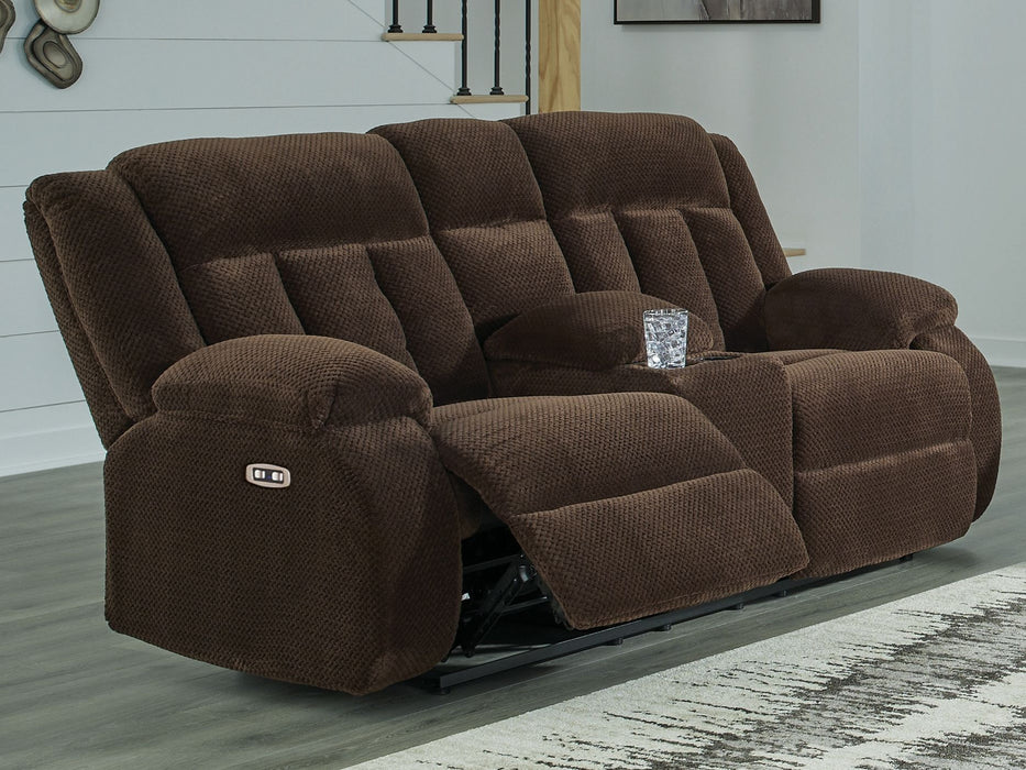 Free Wake - Double Relcining Power Loveseat With Console - Chocolate – Reclining Loveseats by Signature Design by Ashley® at Furniture Wholesale Plus , Nashville furniture store