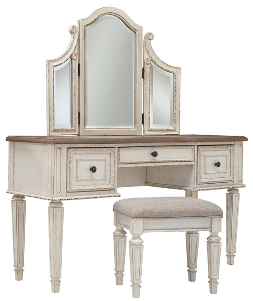 Realyn - Vanity/Mirror/Stool (Set of 3) - White / Brown / Beige – Vanity Sets by Signature Design by Ashley® at Furniture Wholesale Plus , Nashville furniture store
