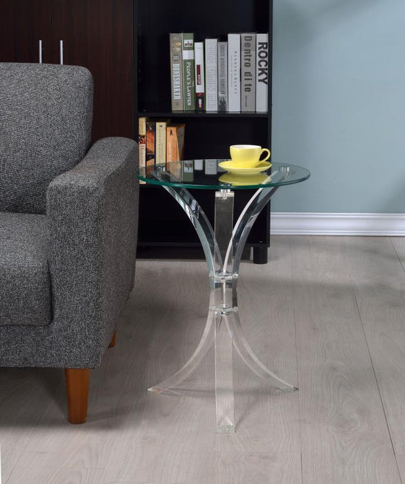 Laning - Round Glass Top Acrylic Side Table - Clear – Side Tables by CoasterEveryday at Furniture Wholesale Plus , Nashville furniture store