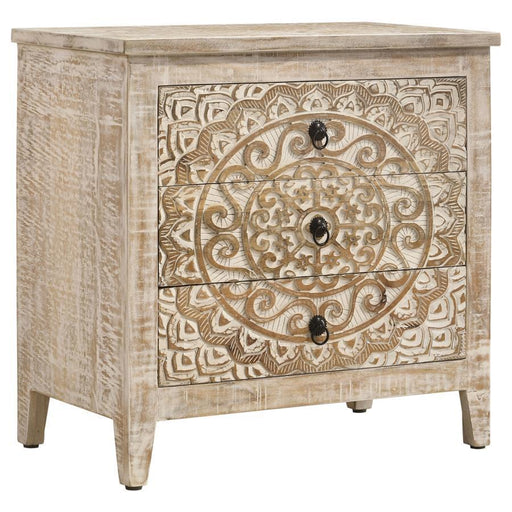 Mariska - 3-Drawer Wood Mandala Cabinet - Distressed White – Accent Cabinets by Coaster Fine Furniture at Furniture Wholesale Plus , Nashville furniture store