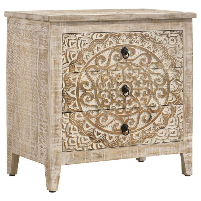 Mariska - 3-Drawer Wood Mandala Cabinet - Distressed White – Accent Cabinets by Coaster Fine Furniture at Furniture Wholesale Plus , Nashville furniture store