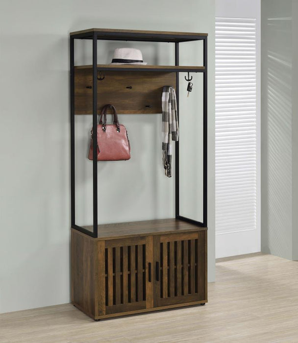 Quincy - 2 Door Coat Rack Hall Tree Storage Bench - Dark Pine – Hall Trees by Coaster Fine Furniture at Furniture Wholesale Plus , Nashville furniture store