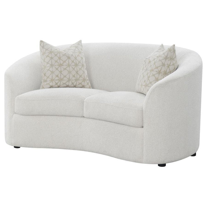 Rainn - Boucle Upholstered Sloped Arm Loveseat - Latte – Stationary Loveseats by CoasterEssence at Furniture Wholesale Plus , Nashville furniture store