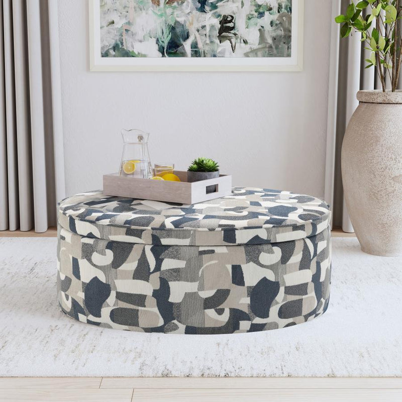 Tomkins - Oval Upholstered Storage Ottoman - Indigo Blue – Storage Ottomans by Coaster Fine Furniture at Furniture Wholesale Plus , Nashville furniture store