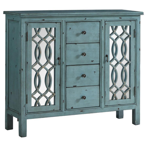 Rue - 4-Drawer Wood Trellis Accent Storage Cabinet - Blue – Accent Cabinets by CoasterEveryday at Furniture Wholesale Plus , Nashville furniture store
