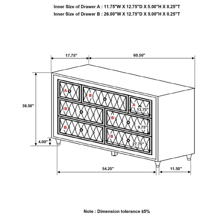 Antonella - 7-Drawer Upholstered Dresser – Dressers by CoasterElevations at Furniture Wholesale Plus , Nashville furniture store