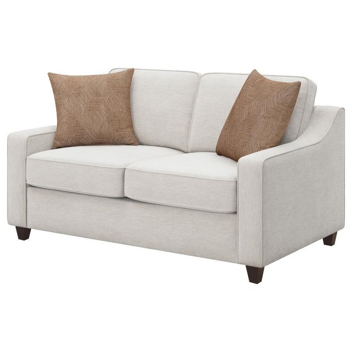 Christine - Upholstered Sloped Arm Loveseat - Beige – Stationary Loveseats by CoasterElevations at Furniture Wholesale Plus , Nashville furniture store
