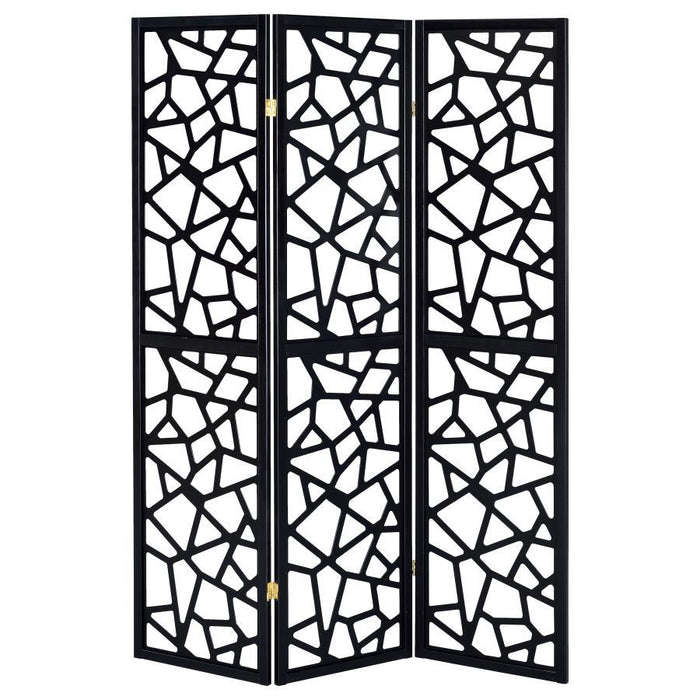 Nailan - 3-Panel Room Divider Folding Screen Open Mosaic - Black - Premium Room Dividers from CoasterEveryday - Just $169! Shop now at Furniture Wholesale Plus  We are the best furniture store in Nashville, Hendersonville, Goodlettsville, Madison, Antioch, Mount Juliet, Lebanon, Gallatin, Springfield, Murfreesboro, Franklin, Brentwood