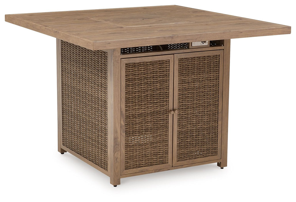 Walton Bridge - 5 Pc. - Square Bar Table W/Fire Pit, 4 Barstools - Driftwood – 5 Piece Outdoor Sets by Signature Design by Ashley® at Furniture Wholesale Plus , Nashville furniture store