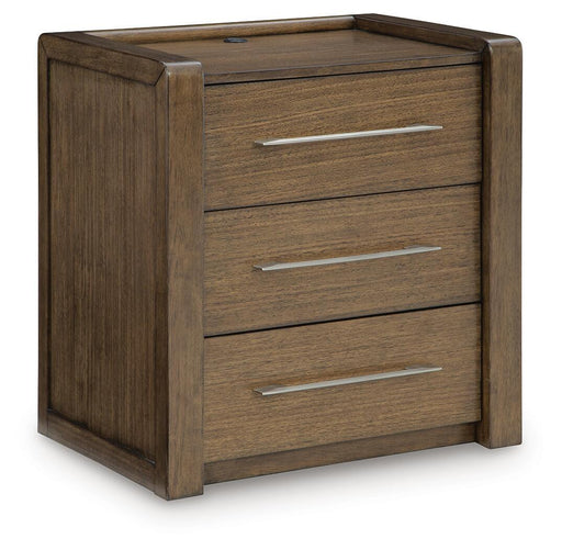 Marxmore - Three Drawer Night Stand - Brown – Nightstands w/ Charging Stations by Benchcraft® at Furniture Wholesale Plus , Nashville furniture store