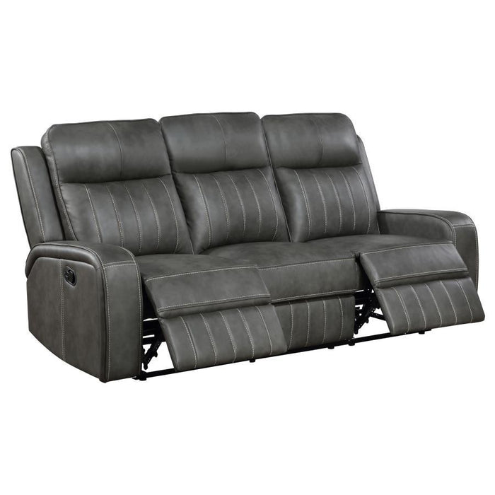 Raelynn - Upholstered Track Arm Motion Sofa - Gray – Reclining Sofas by Coaster Fine Furniture at Furniture Wholesale Plus , Nashville furniture store