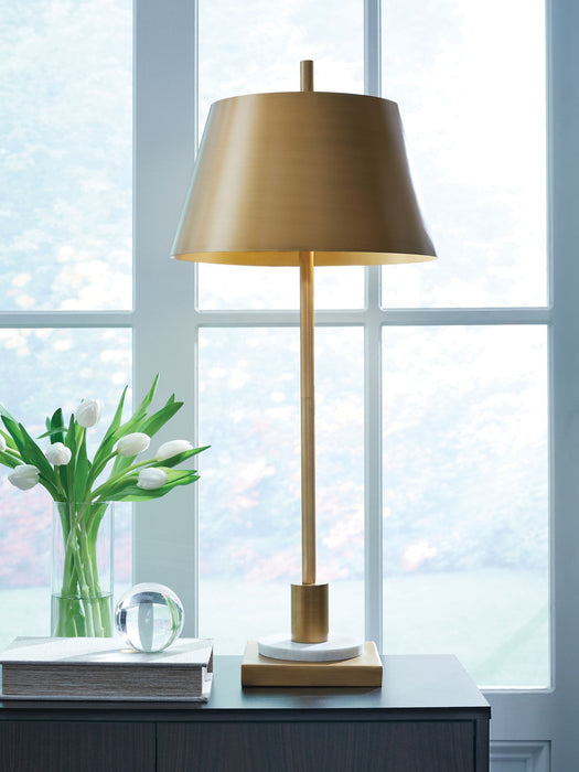 Fritzburn - Metal Table Lamp - Gold Finish / White – Table Lamps by Signature Design by Ashley® at Furniture Wholesale Plus , Nashville furniture store