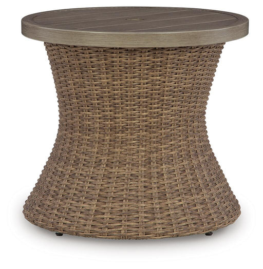 Laguna Heights - Round End Table With Umbrella Option - Beige – End Tables by Signature Design by Ashley® at Furniture Wholesale Plus , Nashville furniture store