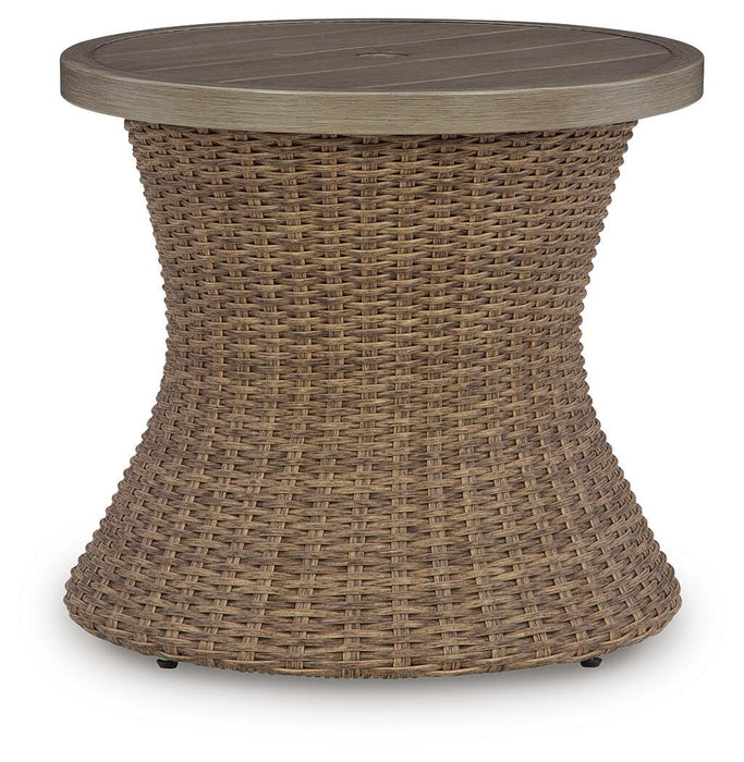 Laguna Heights - Round End Table With Umbrella Option - Beige – End Tables by Signature Design by Ashley® at Furniture Wholesale Plus , Nashville furniture store