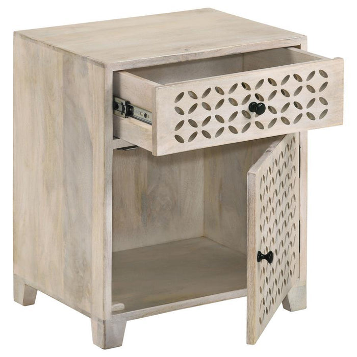 August - 1-Drawer Trellis Pattern Storage Cabinet - White Washed – Accent Cabinets by CoasterEssence at Furniture Wholesale Plus , Nashville furniture store
