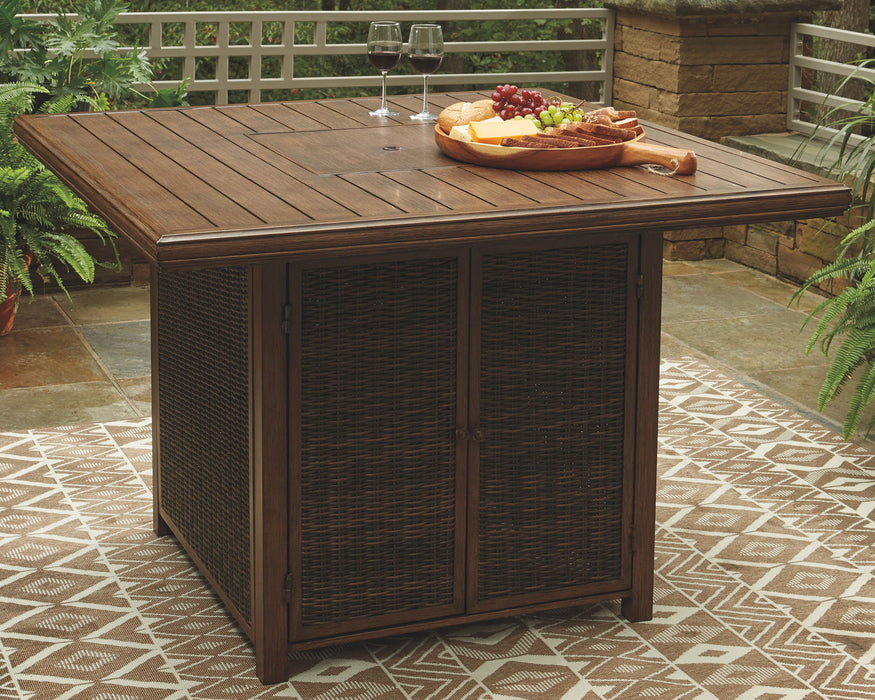 Paradise Trail - Medium Brown - Square Bar Table w/Fire Pit - Premium Fire Pits from Signature Design by Ashley® - Just $1418! Shop now at Furniture Wholesale Plus  We are the best furniture store in Nashville, Hendersonville, Goodlettsville, Madison, Antioch, Mount Juliet, Lebanon, Gallatin, Springfield, Murfreesboro, Franklin, Brentwood