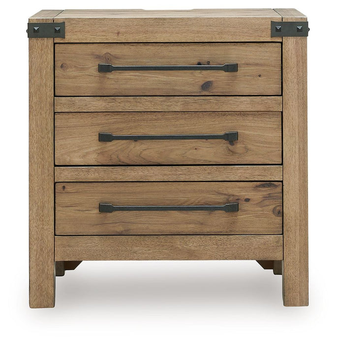 Ridgester - Three Drawer Night Stand - Light Brown – Nightstands w/ Charging Stations by Benchcraft® at Furniture Wholesale Plus , Nashville furniture store
