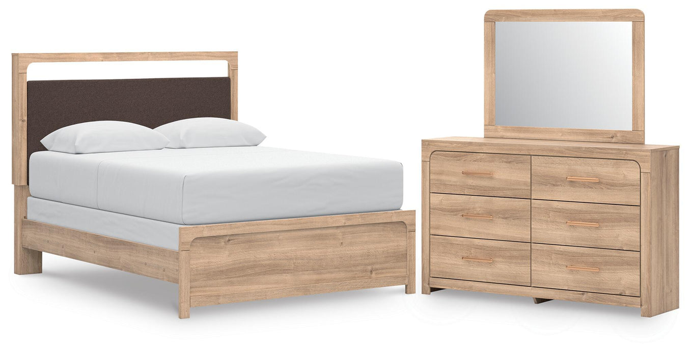 Kinlanni - 3 Pc. - Queen Upholstered Panel Bed, Dresser And Mirror - Tan – 3 Piece Bedroom Sets by Signature Design by Ashley® at Furniture Wholesale Plus , Nashville furniture store