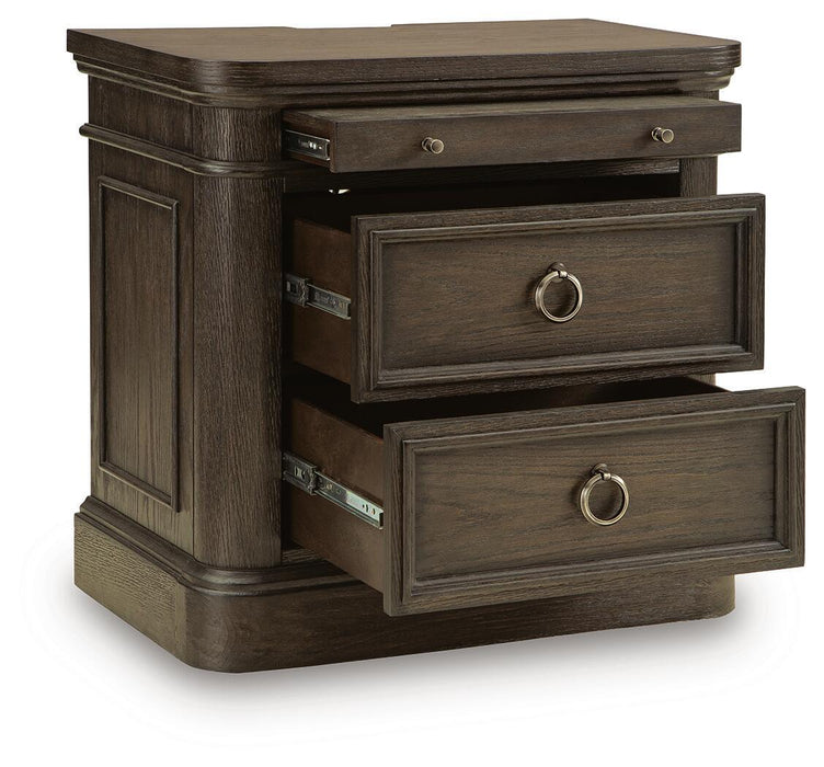 Wickenger - Two Drawer Night Stand - Dark Brown – Nightstands w/ Charging Stations by Signature Design by Ashley® at Furniture Wholesale Plus , Nashville furniture store