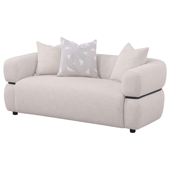 Jeanette - 73" Fabric Upholstered Round Arm Loveseat - Beige – Stationary Loveseats by Coaster Fine Furniture at Furniture Wholesale Plus , Nashville furniture store