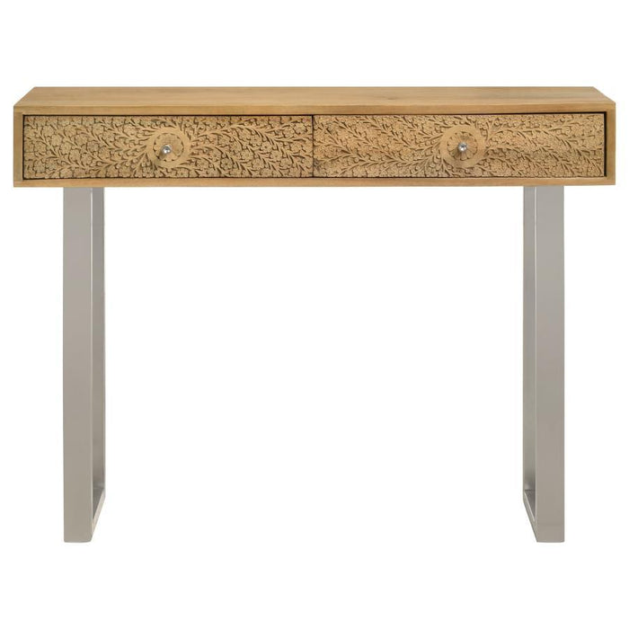 Draco - 2-Drawer Console Table Hand Carved Details - Natural – Console Tables by CoasterEveryday at Furniture Wholesale Plus , Nashville furniture store