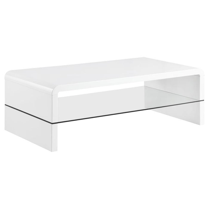 Airell - Rectangular Coffee Table With Shelf - White High Gloss - Premium Coffee Tables from CoasterEssence - Just $319! Shop now at Furniture Wholesale Plus  We are the best furniture store in Nashville, Hendersonville, Goodlettsville, Madison, Antioch, Mount Juliet, Lebanon, Gallatin, Springfield, Murfreesboro, Franklin, Brentwood