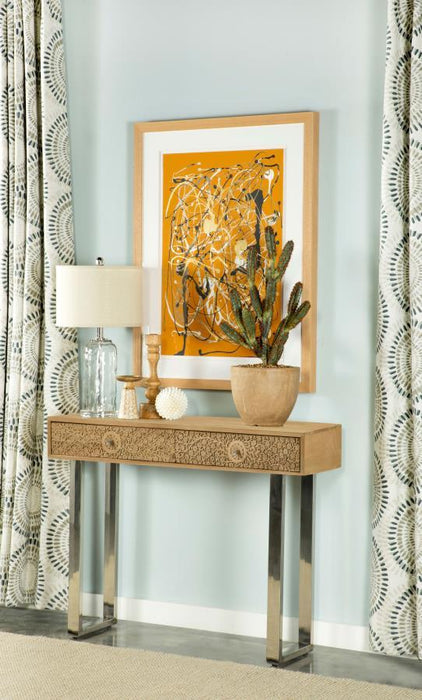 Draco - 2-Drawer Console Table Hand Carved Details - Natural – Console Tables by CoasterEveryday at Furniture Wholesale Plus , Nashville furniture store