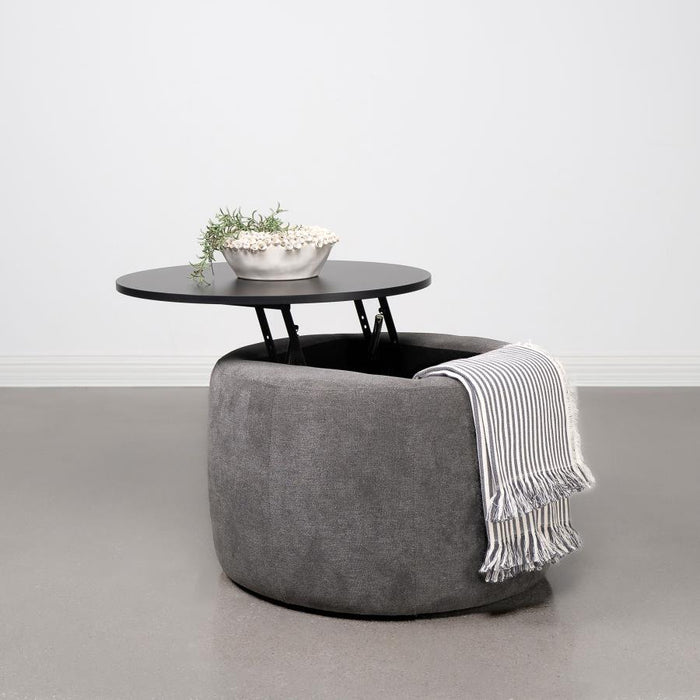 Tesoro - Round Upholstered Lift Top Storage Ottoman - Gray – Storage Ottomans by Coaster Fine Furniture at Furniture Wholesale Plus , Nashville furniture store
