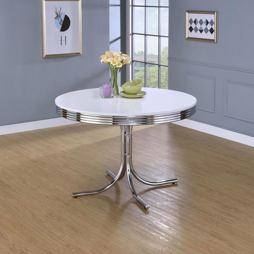 Retro - Round Wood Top Dining Table - White And Chrome - Premium Dining Tables from CoasterEveryday - Just $299! Shop now at Furniture Wholesale Plus  We are the best furniture store in Nashville, Hendersonville, Goodlettsville, Madison, Antioch, Mount Juliet, Lebanon, Gallatin, Springfield, Murfreesboro, Franklin, Brentwood