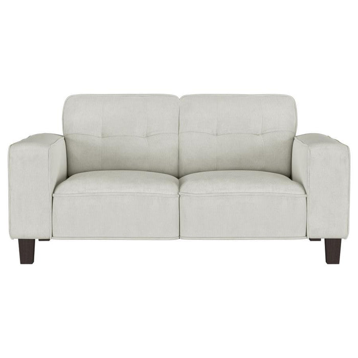 Deerhurst - Upholstered Track Arm Tufted Loveseat - Greige – Stationary Loveseats by Coaster Fine Furniture at Furniture Wholesale Plus , Nashville furniture store
