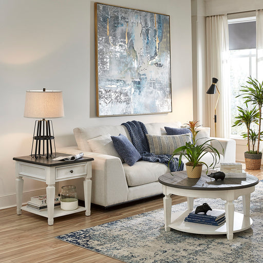 Allyson Park - 3 Piece Living Room Set (Round Cocktail Table) - Wirebrushed White / Charcoal – Table Sets by Liberty Furniture at Furniture Wholesale Plus , Nashville furniture store