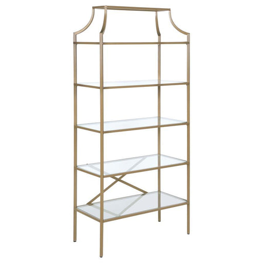 Serena - 5-Shelf Glass Bookshelf - Gold - Premium Standard Bookcases from CoasterEssence - Just $369! Shop now at Furniture Wholesale Plus  We are the best furniture store in Nashville, Hendersonville, Goodlettsville, Madison, Antioch, Mount Juliet, Lebanon, Gallatin, Springfield, Murfreesboro, Franklin, Brentwood